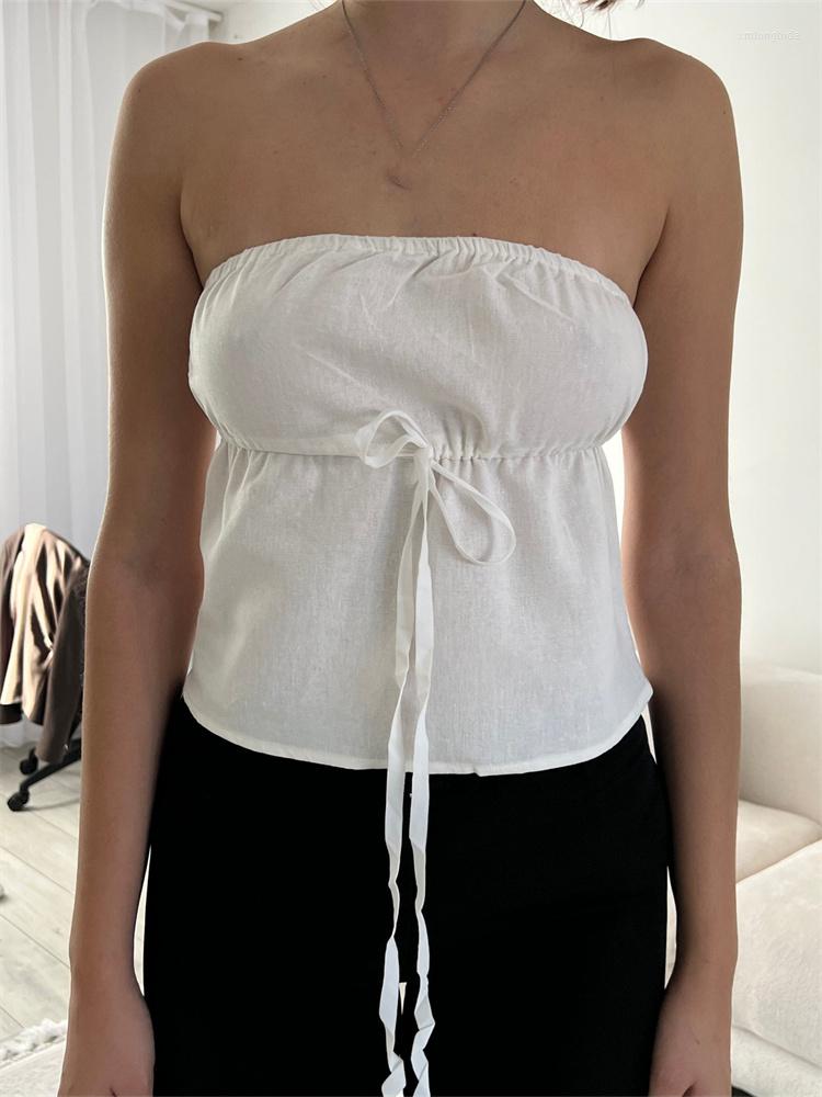 

Women' Tanks CHRONSTYLE Women Y2K Camisoles Sexy Strapless Off Shoulder Front Tie-up Tank Crop Tops Aesthetic Fairycore Mini Vest, White