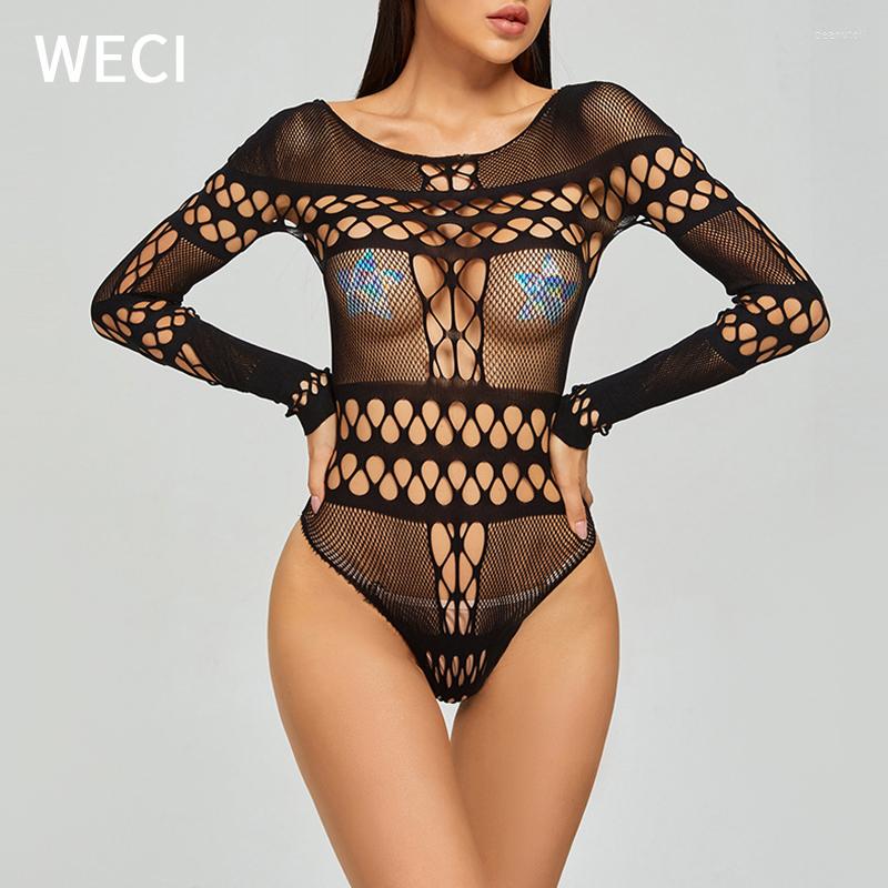 

Women Socks WECI Sexy Full Body Stocking Lace Woman Long Sleeve Sexiest Lingerie Second Skin Thong Bodysuit Teddies Romper Pajamas For, Black
