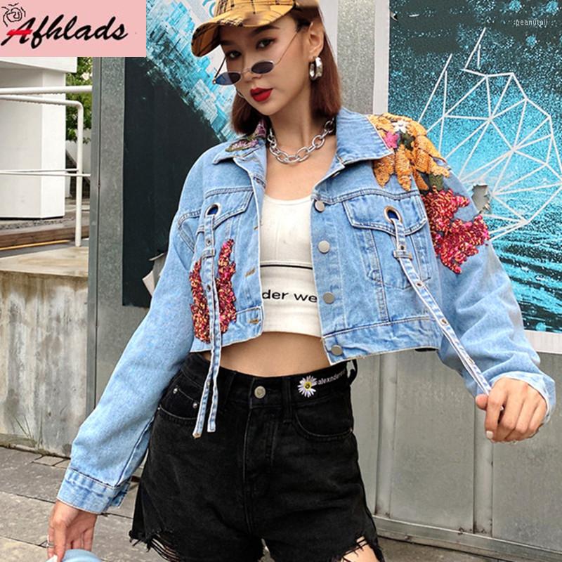 

Women's Jackets Autumn High Quality Sequined Long Sleeve Denim Coats Jacket Women Embroidered Flowers Streetwear Hip Hop Short Outerwear, Blue