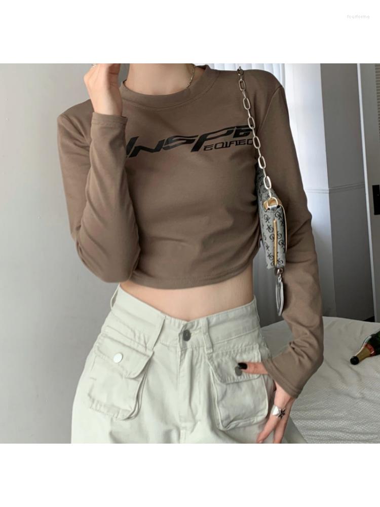 

Women' T Shirts HOUZHOU Vintage Y2K Brown Tshirts Women Harajuku Streetwear Letter Print Long Sleeve Female Kpop Hip Hop Slim Crop Tops