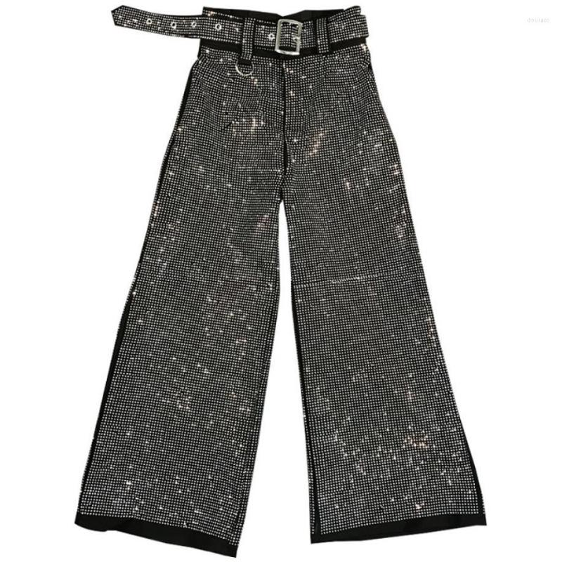 

Women' Pants Wide Leg Pant Diamond Women 2023 Spring Autumn Fashion Heavy Work Drilling Bright Belted High Waist, Black