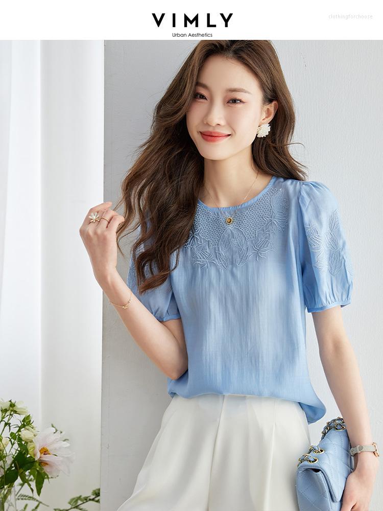 

Women' Blouses Vimly Embroidery Light Blue Lyocell Summer For Women 2023 Loose Straight Short Sleeve Round Neck Solid Elegant Tops