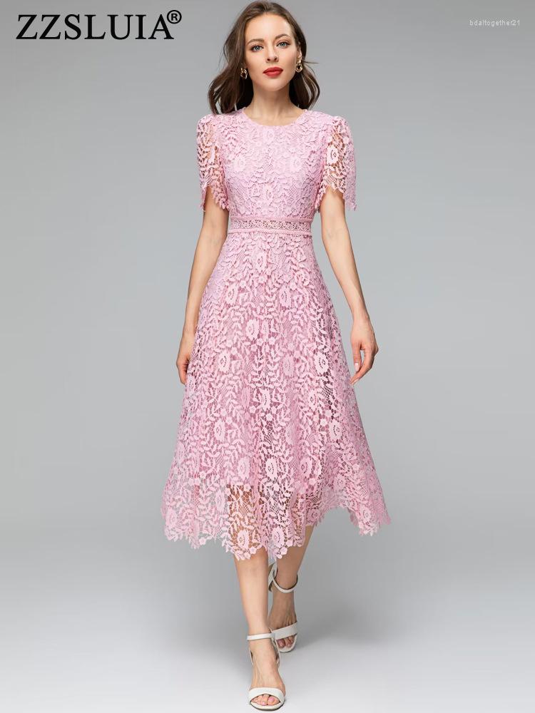 

Party Dresses ZZSLUIA Elegant For Women Water-soluble Embroidery Designer Slim Midi Dress Fashion Short Sleeve Hollow Out Female