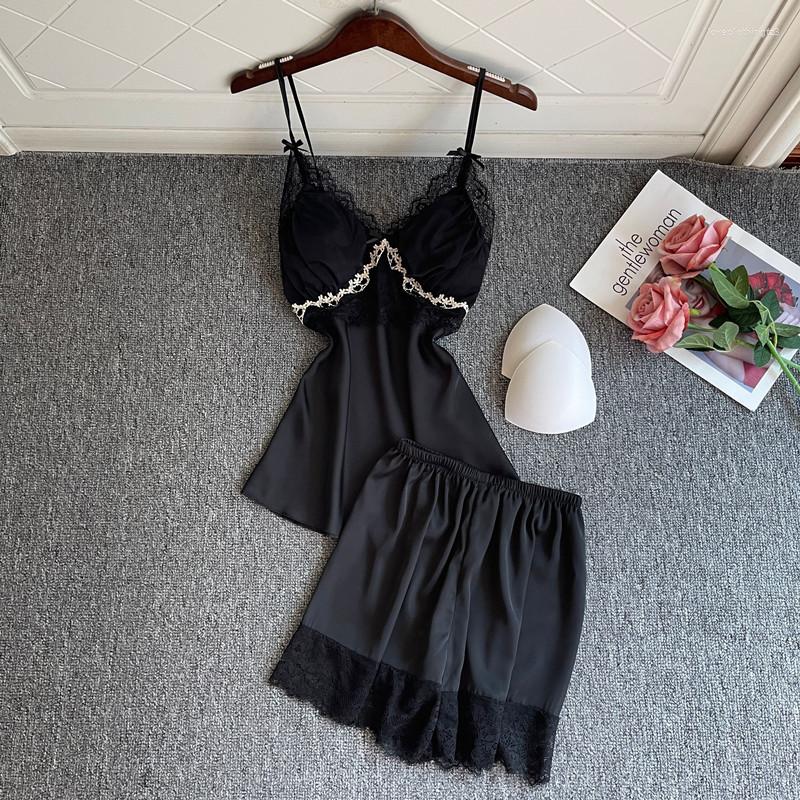 

Women's Sleepwear Sexy Women Lace Nightwear Satin Home Clothes Pajamas Suit Lady Intimate Lingerie Cami&shorts 2Pcs Sleep, Black