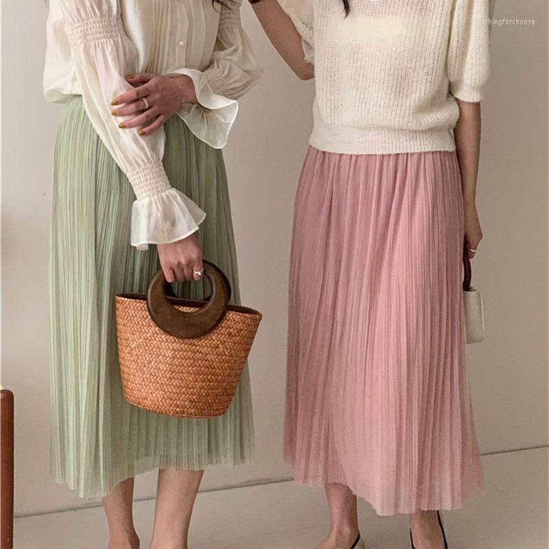 

Skirts Women Long Skirt 2023 Summer Solid Mesh Two Sides Wear All Match Vintage A Line Korean Casual Pleated, Beige