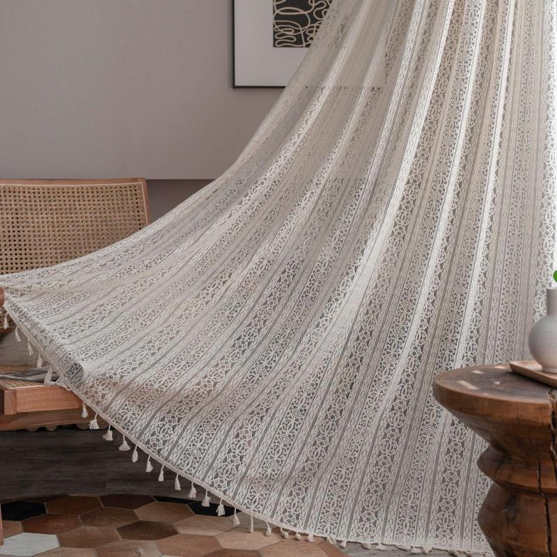 

Curtain Beige Crochet Openwork Translucent Window Curtains Balcony Bedroom Floating For Living Room Luxury, Piercing rod