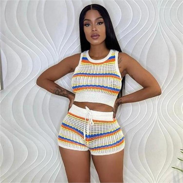 

Women's Tracksuits 2023 Summer Woolen Breathable Hollow Striped Contrast Color Vest High Waist Lace-up Shorts Leisure Vacation 2 Piece Sets, Mixed