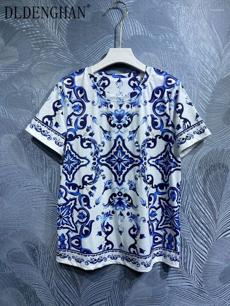 

Women' T Shirts DLDENGHAN Spring Summer T-Shirt Women O-Neck Short Sleeve Crystal Blue And White Porcelain Print Casual Tops Fashion Runway