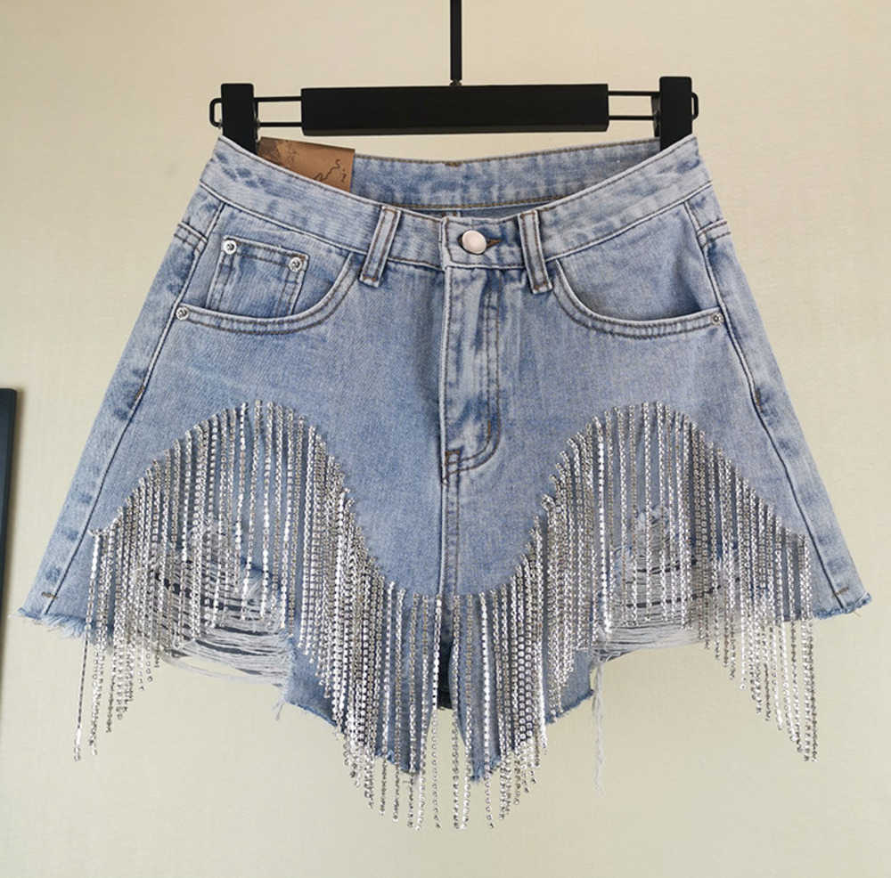 

Women's Heavy Rhinestone Fringed Hole Jeans Shorts Female High Waist Summer Fashion Wide Leg Denim Shorts, Blue