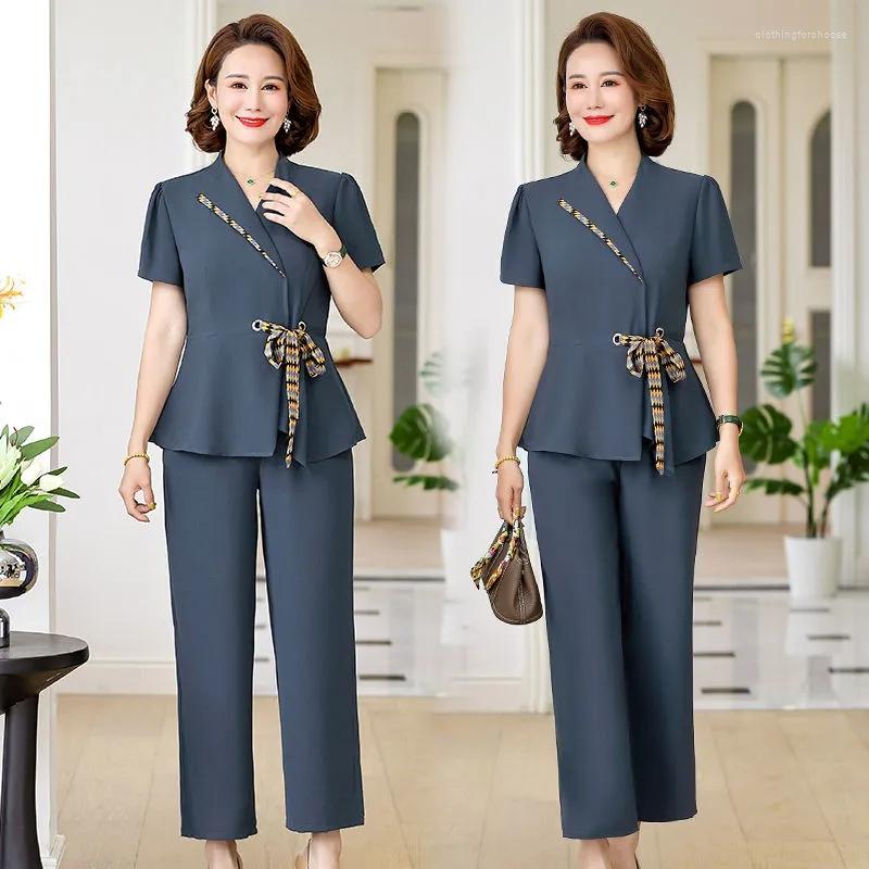 

Women's Two Piece Pants 2023 Summer Short Sleeve T-shirt & Suit Sets Women's Temperament Slim Mom Fashion V-neck Tops 5XL, Blue