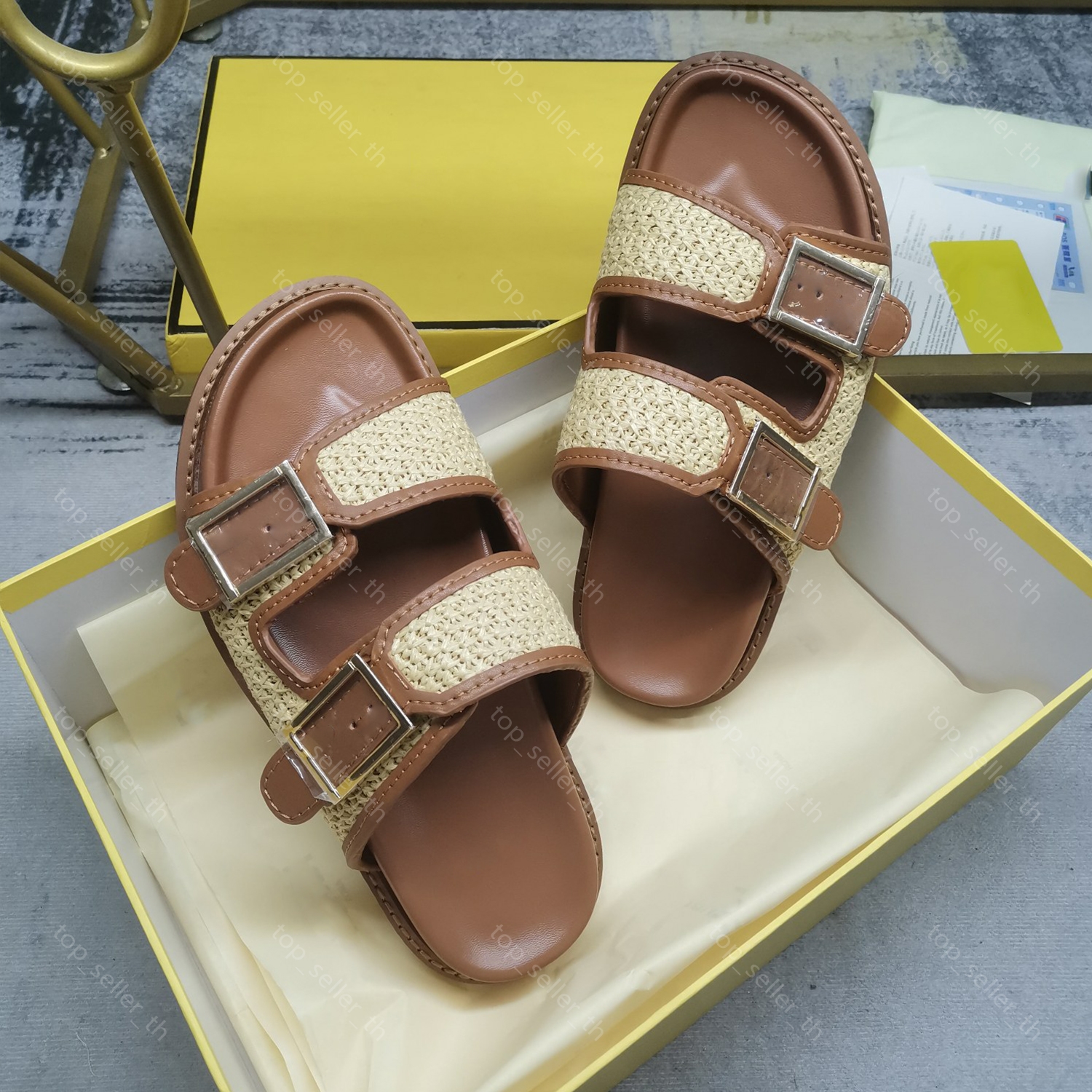 Designer Slide Slipper Raffia Sandal Flat Heels Slides Printing Women Slippers Summer Beach Leather Rubber Metal Buckle Sandals