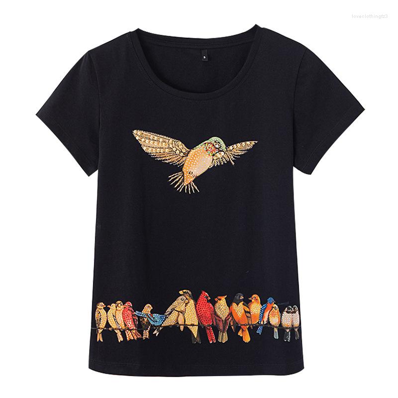 

Women' T Shirts Summer Women' Clothing Korean Style Short Sleeve Woman T-shirt Bird Ladies Hand Made Beaded Diamonds Sequined Tops, Black