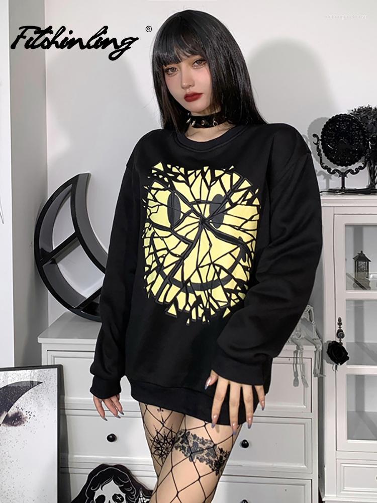 

Women' Hoodies Fitshinling Goth Hoodie Printed Broken Smile Loose Cropped Feminino Street Style Gothic Dark Punk Top Negative Female, Black