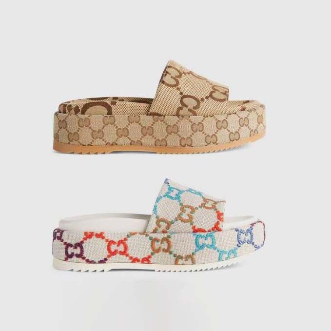 

2023 slipper womens fashion embroidered canvas designer slides slip on slippers girls 60mm Canvas covered platform sandals and dust bags, # 6