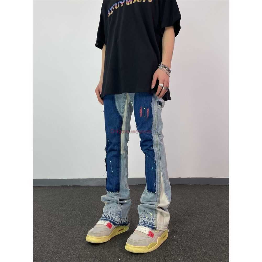 

Fashion Designer Clothing Galleries Denim Pants Galleries Same Pant with Ink Splashing Color Contrast Structure Flared Pants Fog Floor Down Straight Jeans, Contrast stitching blue