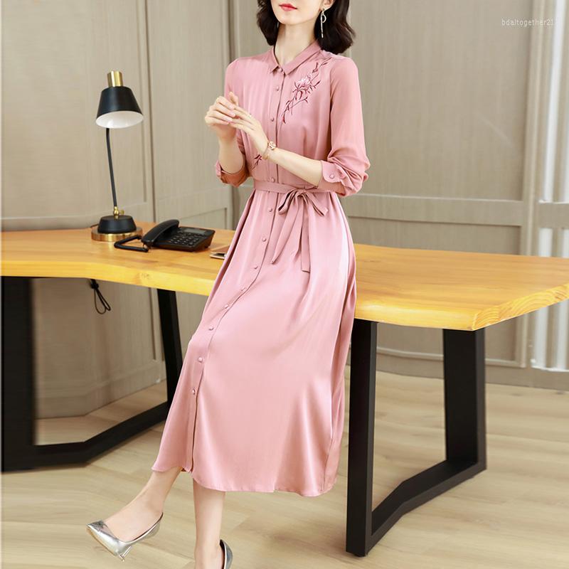 

Casual Dresses 2023 Sprig Autumn Embroidery Silk Women Heavy Long Sleeve Single Breasted Sashes Female Fashion Elegant, Pink