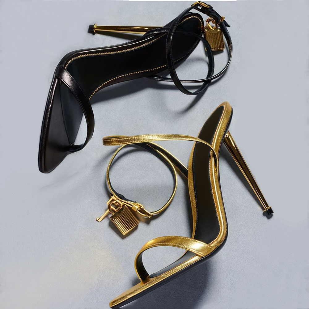 

Laminated Nappa Leather Padlock Pointy Naked Sandal Metallic feeling Stiletto Heel Sandals 10.5cm Designer Women High Heels Ankle Strap Dress shoe factory footwear, 9 #