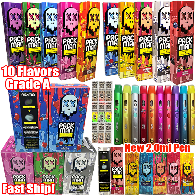 

2ml Pack Man Disposable E Cigarettes Live Resin Vape Pen Starter Kits Vaporizer Rechargeable Device Pods Ceramic Coil Oil Carts Empty Cartridges Packaging Micro USB
