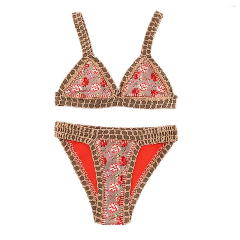 

Women' Swimwear Women Crochet Bikini Set Sexy Reversible Printed Swimsuit Knited Flower Brown String Beachwear, Floar bikini set
