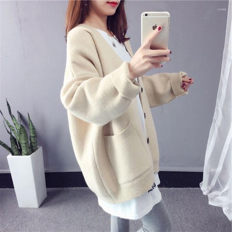 

Women's Knits Women Autumn Winter Knitted Cardigan Loose Streetwear Knit Sweater Coat Cute V Neck Female Jacket MOKIJINS, Red