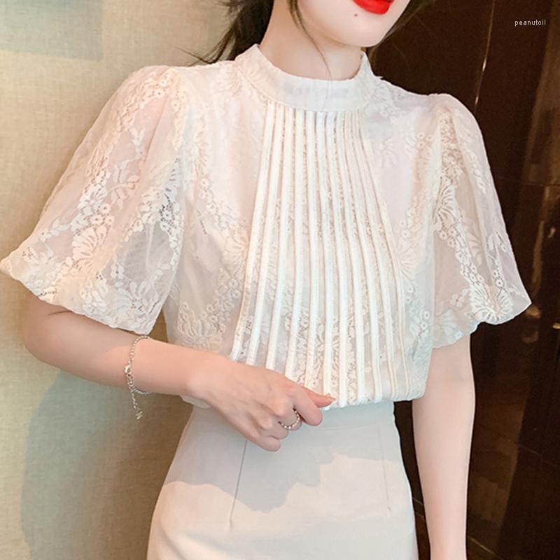 

Women' Blouses Summer Short Sleeve Embroidery Lace Shirts For Women 2023 Vintage Lantern Blouse O Neck Korean Loose Casual 26894, White