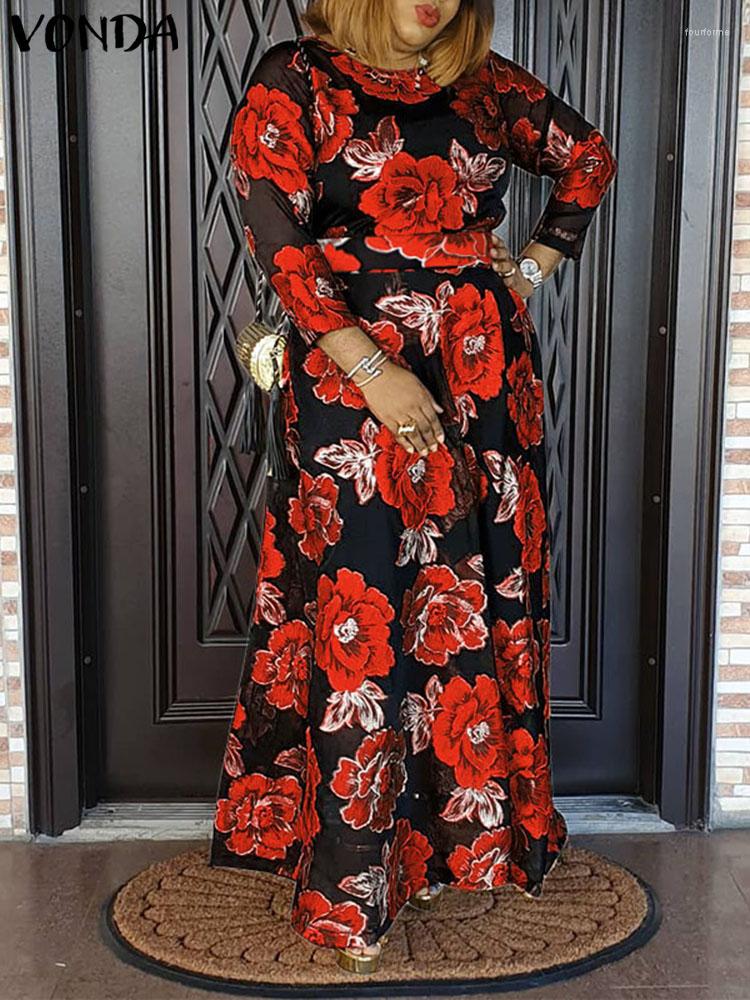 

Casual Dresses VONDA Vintage Dress 2023 Women Bohemian Long Sleeve Belted Floral Printed Maxi Sundress Spring Pletaed Loose Holiday Robe, Orange