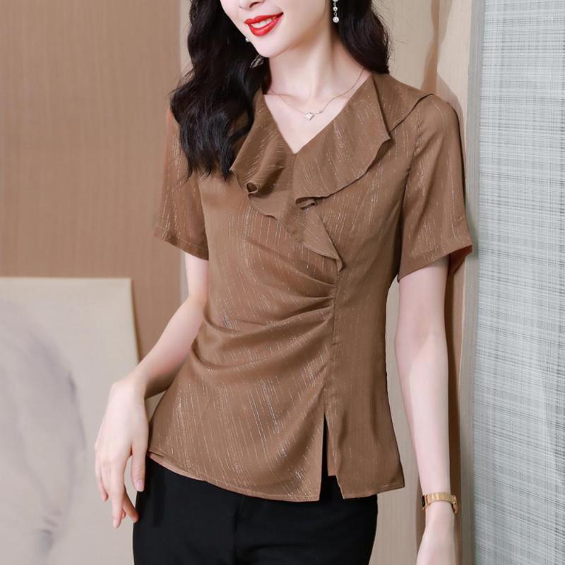 

Women' Blouses Summer Fashion Chic Bright Silk Women' Chiffon Shirts Elegant Ruffles Folds Split Women Female Casual Office OL Tops, Picture color