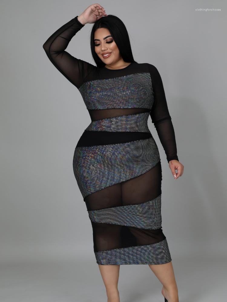 

Plus Size Dresses Black Sheath For Women Sexy Tulle Patchwork Long Sleeve Pencil Evening Party Gowns 4XL 5XL Night Club Outfits