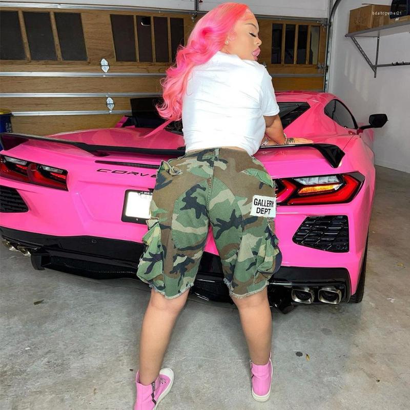 

Women' Shorts Fashion Women Camouflage Mid High Waist Mid-Sweatpants Letter Camo Multipocket Femme Party Cool Baggy Cargo, Green