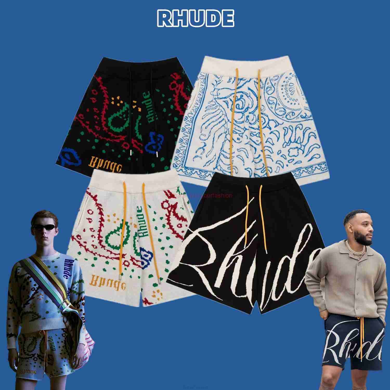 

Designer Short Fashion Casual Clothing Beach shorts Rhude Cashew Blossom Knitted Shorts Correctly Aligned Jacquard Morant Same Style Ins Fashion American Casual P, Off white cashew flower rh05