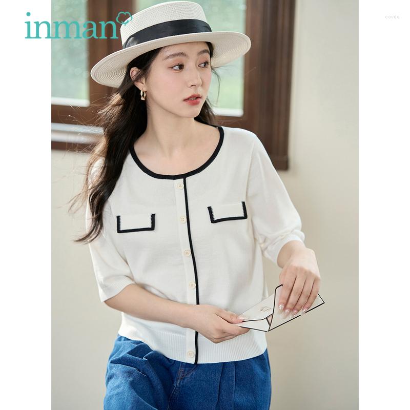 

Women's Knits INMAN Women Knitwear 2023 Summer Short Sleeves Round Neck Loose T-shirt Classic Contrasting Stripes Elegant White Pink Tops