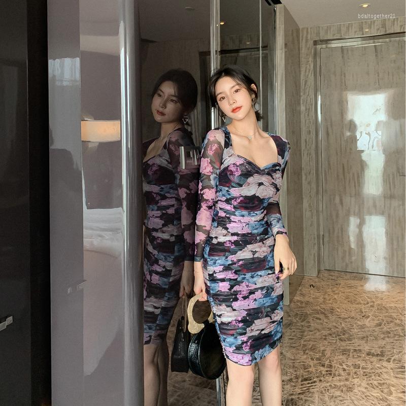 

Casual Dresses 2023 Women Long Sleeve Square Collar Mesh Dress Autumn Vintage Bandage Print Draped Sexy Party Vestidos, Multi