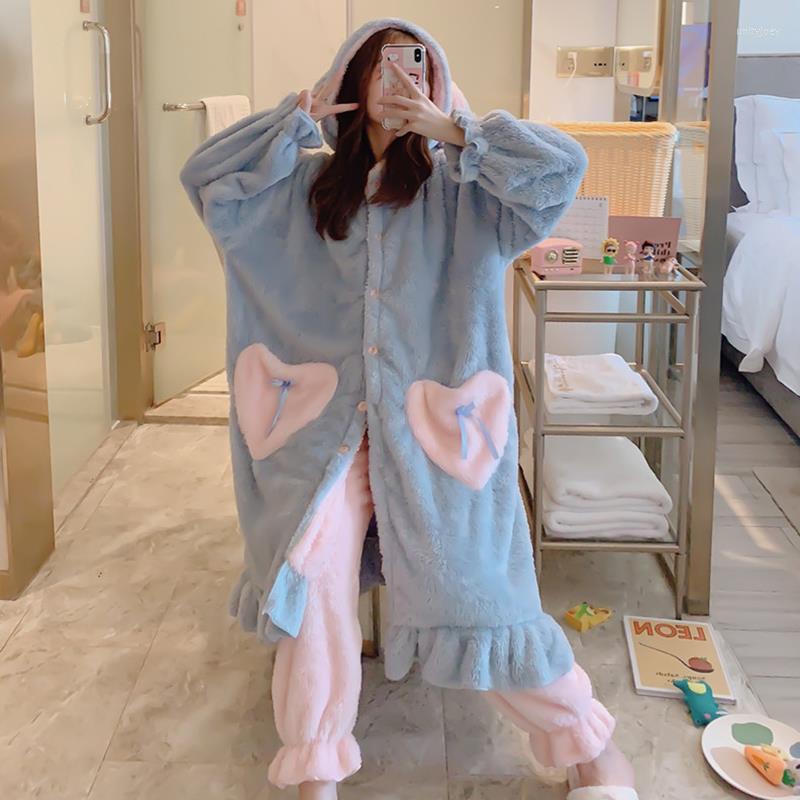 

Women' Sleepwear Women Thickened Flannel Cartoon Long Nightgown Pajamas Set Winter Hooded Bathrobe Cute Girl Trouser Suits Coral Fleece, Pink pants