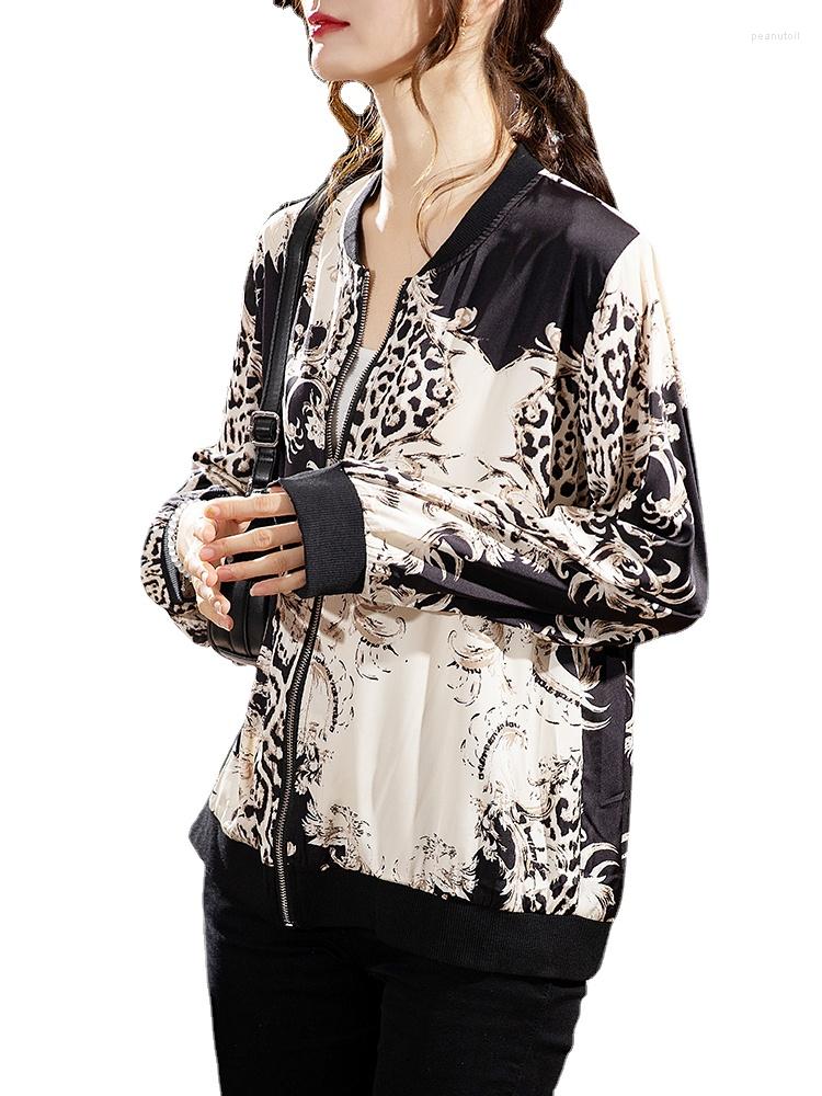 

Women's Jackets Leopard Women Baseball Collar Long Sleeve Coat Thin Satin Jacket