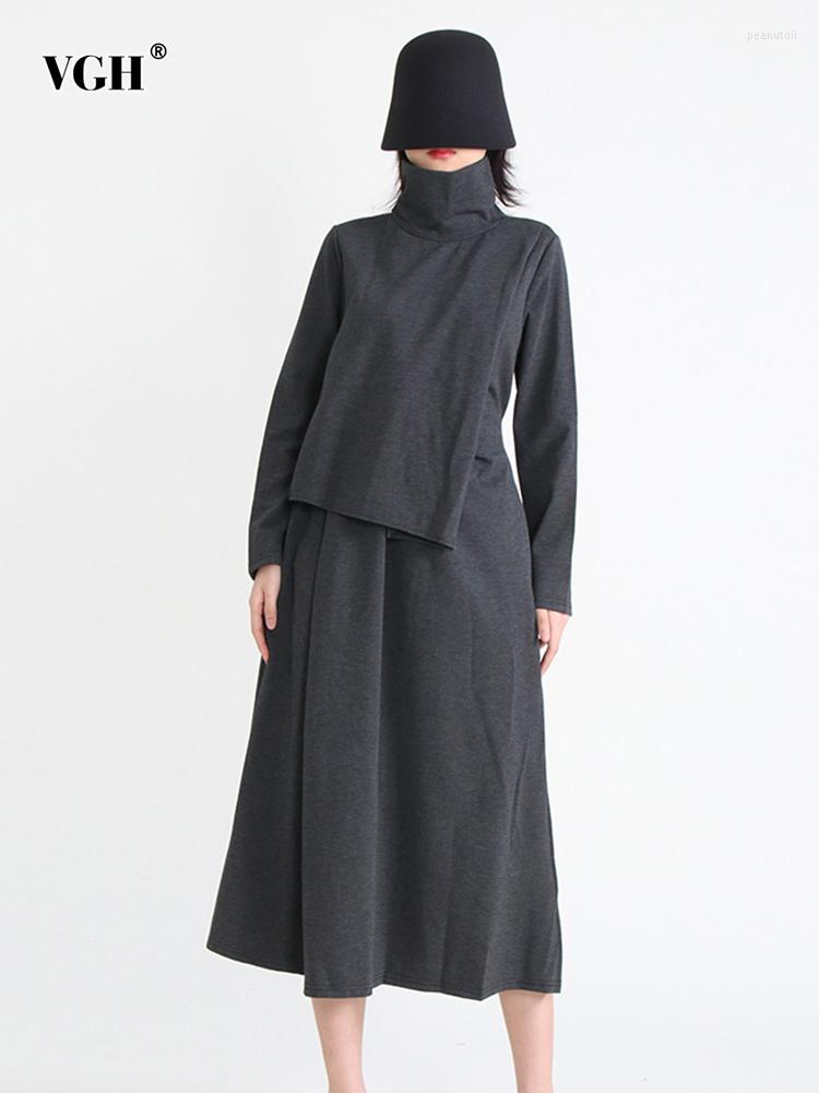 

Casual Dresses VGH 2023 Spring Dress For Women Turtleneck Long Sleeve Patchwork Lace Up Loose Solid Female Clothing Style, Black