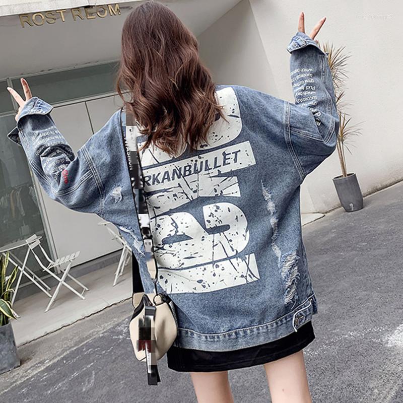 

Women's Jackets Spring And Autumn 2023 Denim Jacket Female Korean Loose Fashion Long Sleeve Letter Print Hole Turn-Down Collar Outerwear, Picture color