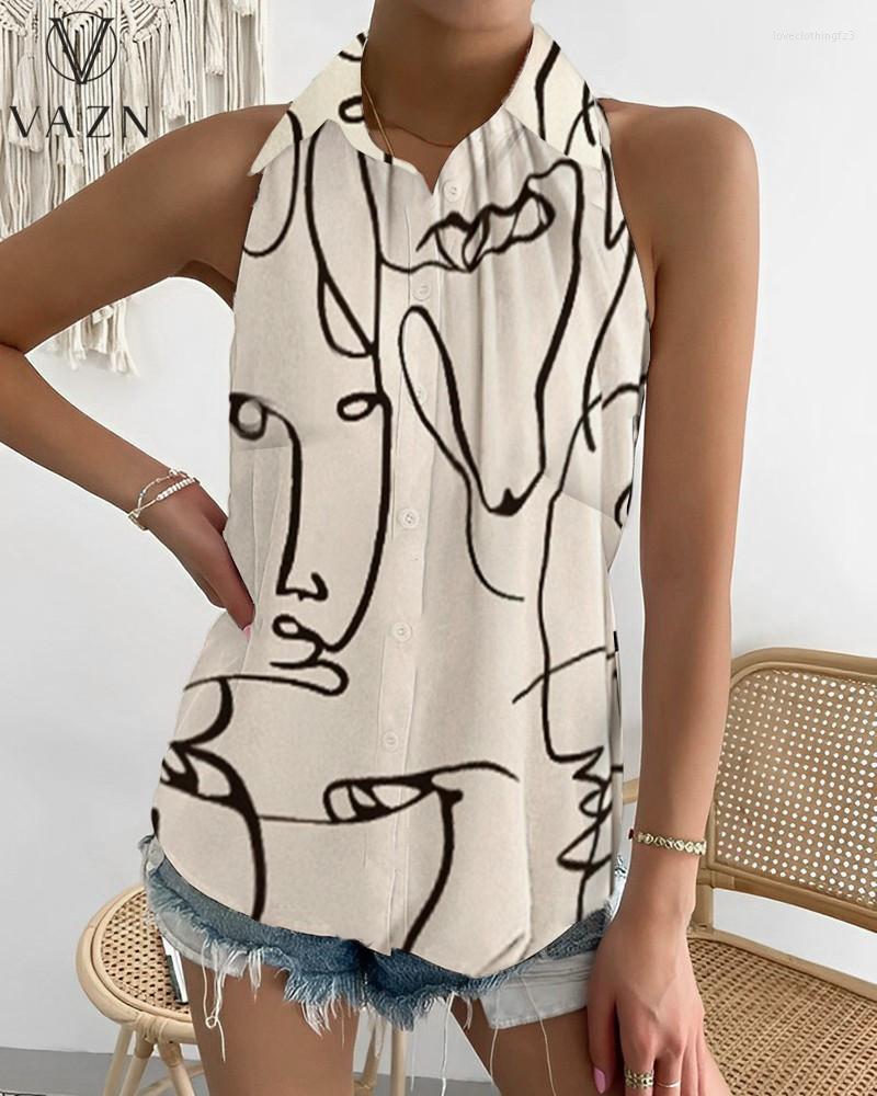 

Women's Blouses VAZN 2023 Printed Single Breasted Shirt Women Fashion Street Casual Style Sleeveless Lapel, Green