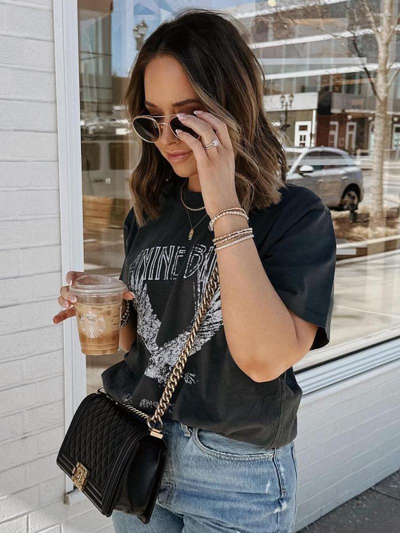 

Women's T Shirts Letter Printed Faded T-shirts 2023 Summer O Neck Short Sleeve Eagle Pattern Washed Solid Tees Streetwear Vintage T-shirt, Dark grey