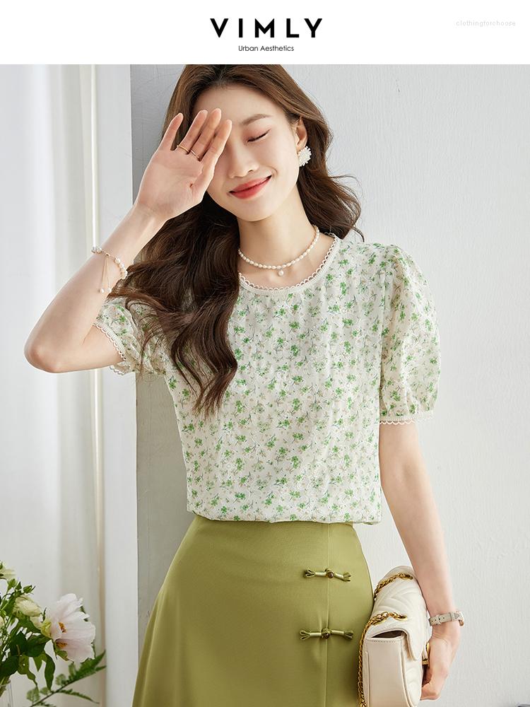 

Women' Blouses Vimly Prairie Chic Green Floral Print Women' Top 2023 Summer Pullover O Neck Chiffon French Puff Sleeve Straight Female