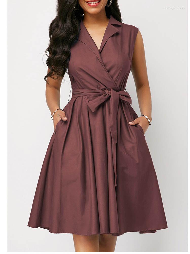 

Casual Dresses 2023 Summer Elegant Office Ladies Sleeveless Dress Fashion V-neck Pocket Belt Slim Fit Brown A Line For Women's, Blue