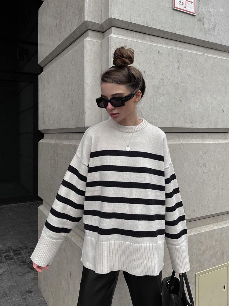 

Women' Sweaters SLMD Autumn Fashion Women Striped Side Split O-Neck Pullovers Female Casual Jumpers Streetwear, Pic
