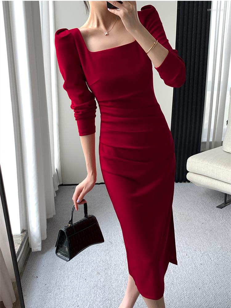 

Casual Dresses Summer Spring Elegant Bodycon Midi Dress Fashion Office Lady Long Sleeves Solid Color Robe Simple Slim Party Clothes, Black