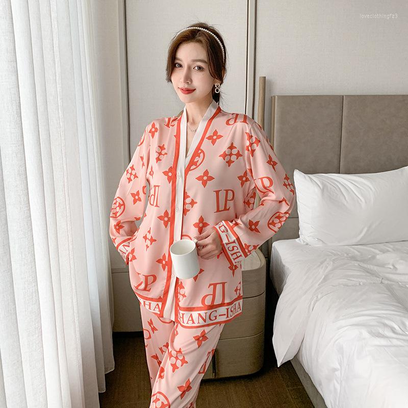 

Women's Sleepwear V Neck Nightwear Sleep Set Pajamas Ice Silk Printing Long Sleeve Homewear Shirt Pant Outside 2Pcs Loose, Orange