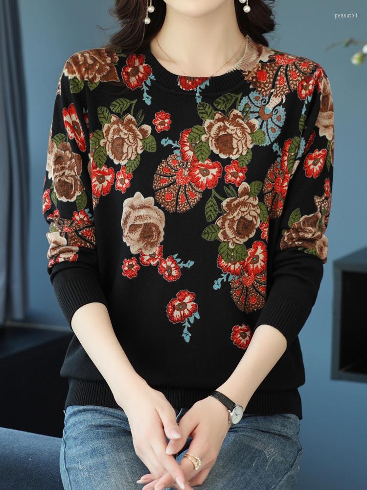 

Women's Sweaters Chinese Style Print Sweater Women Autumn Winter Soft O Neck Pullover Female Casual Jumper Long Sleeve, Black