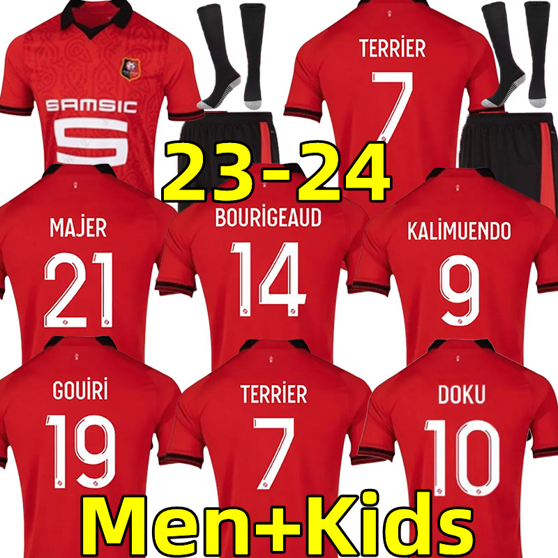 

23 24 Rennes Stade Rennais fc soccer Jerseys TERRIER BOURIGEAUD Doku Guirassy CAMAVINGA aguerd niang 2023 2024 maillots de foot men kids kits football shirts, 23-24 home kids