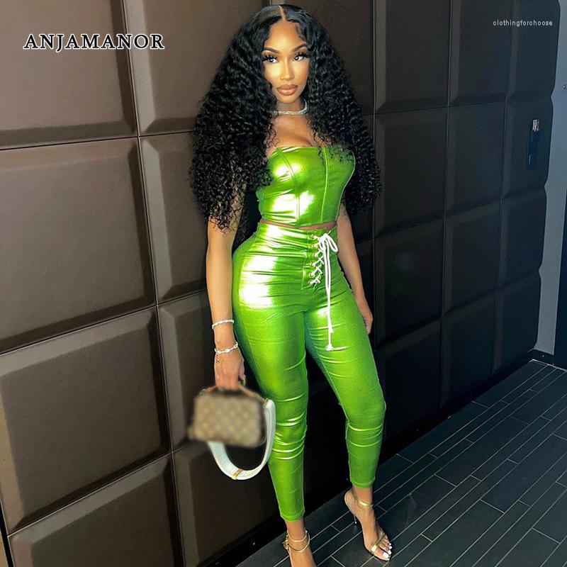 

Women' Two Piece Pants ANJAMANOR Sexy 2 Outfits Clubwear Corset Tube Top And Leggings Neon Green Set Women 2023 D85-EC25
