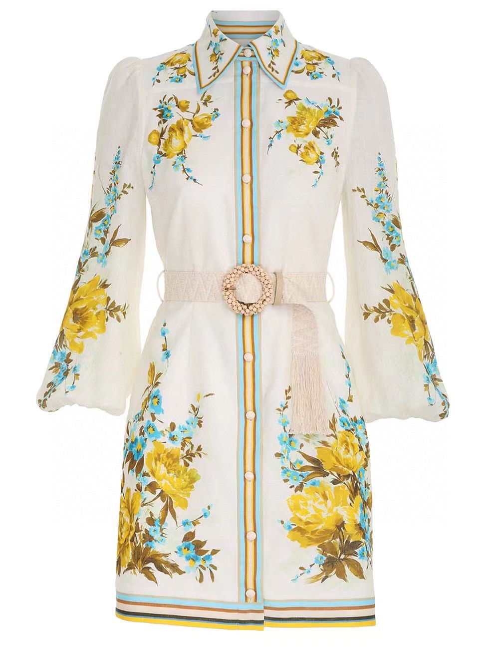 

Australian designer dress 2023 summer holiday linen flower belt shirt dress, Multi