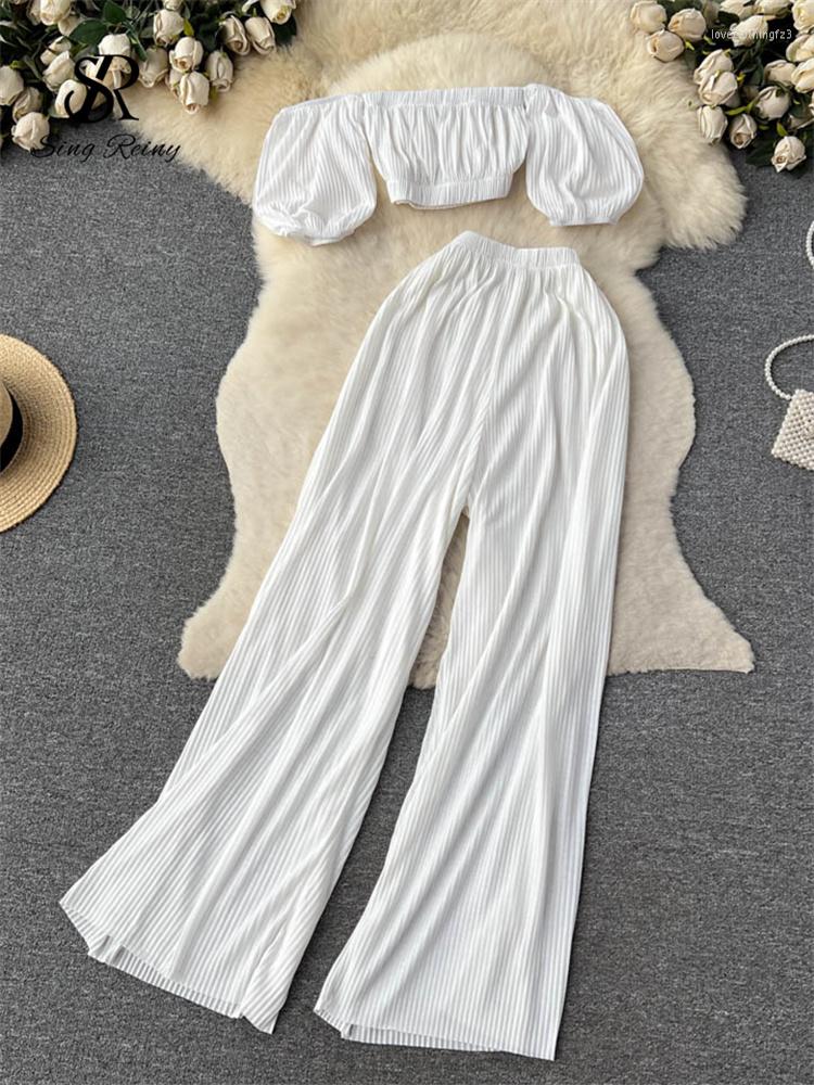 

Women's Two Piece Pants SINGREINY Off The Shoulder Sexy Beach Suits Slash Neck Short Top Pleated Long Summer Korean Solid Retro Pieces Sets, White