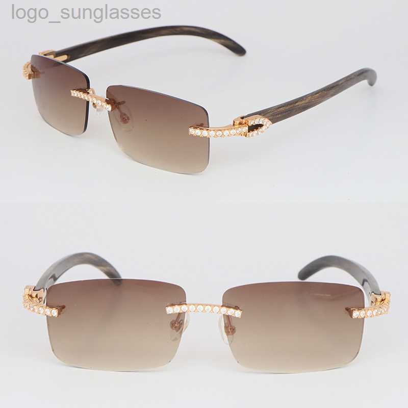 2024 Designer Moissanite Diamond Set Rimless Sunglasses Womans Big Stones 2.5 Carat Diamond Sun glasses Original MARBLED BLACK BUFFALO HORN Men W-image-874741106