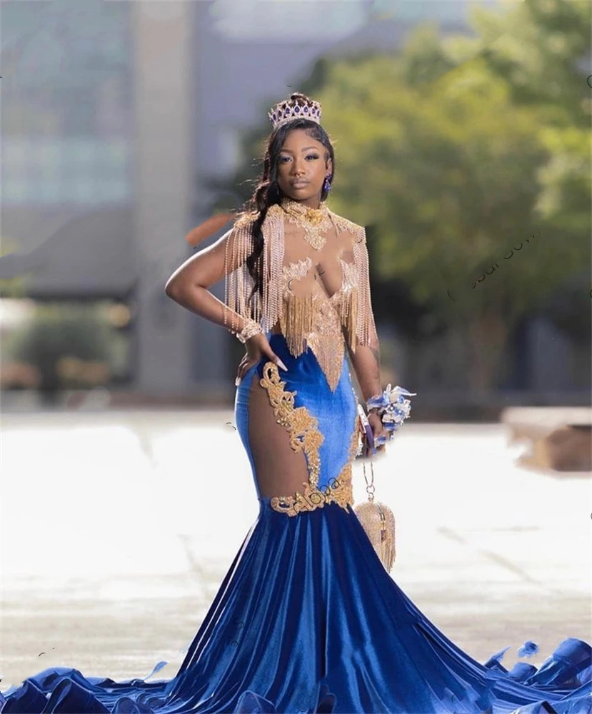 Robe de bal de sirène sirène bleu royal pour les filles noires 2024 appliques à filet